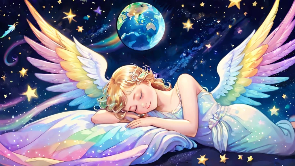 Beautiful angel sleeping happily holding the earth, outer space, pastel rainbow colored wings, shooting stars, fine pearl light