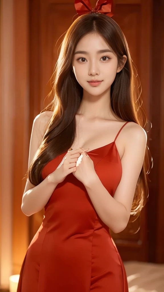 A girl with big eyes, double eyelids, smile, wearing a very beautiful evening dress, chestnut hair photo 8K