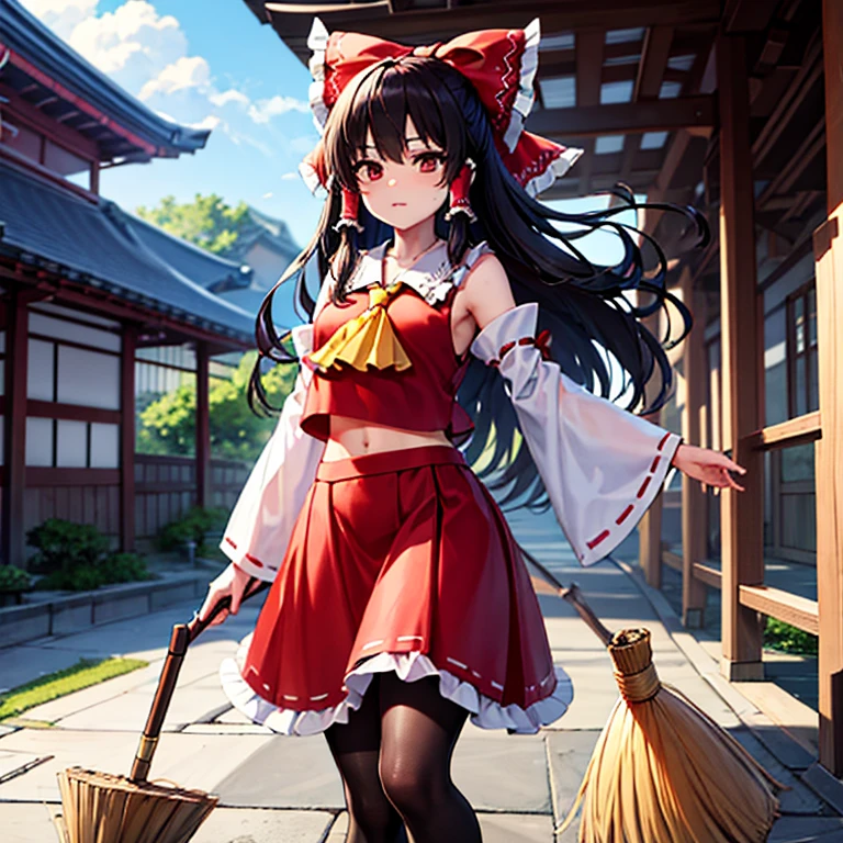 Reimu sweeping with a broom in front of the large Hakurei Shrine