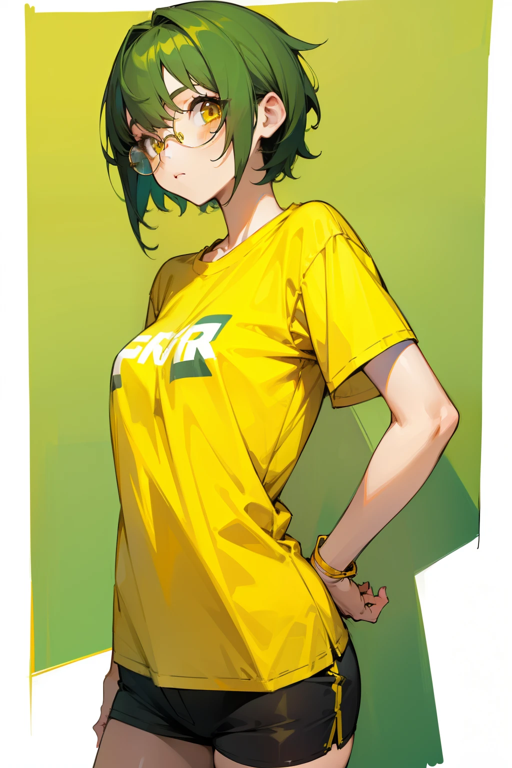 Cute girl, Short green hair, yellow eyes, glasses, yellow t-shirt, big , short shorts