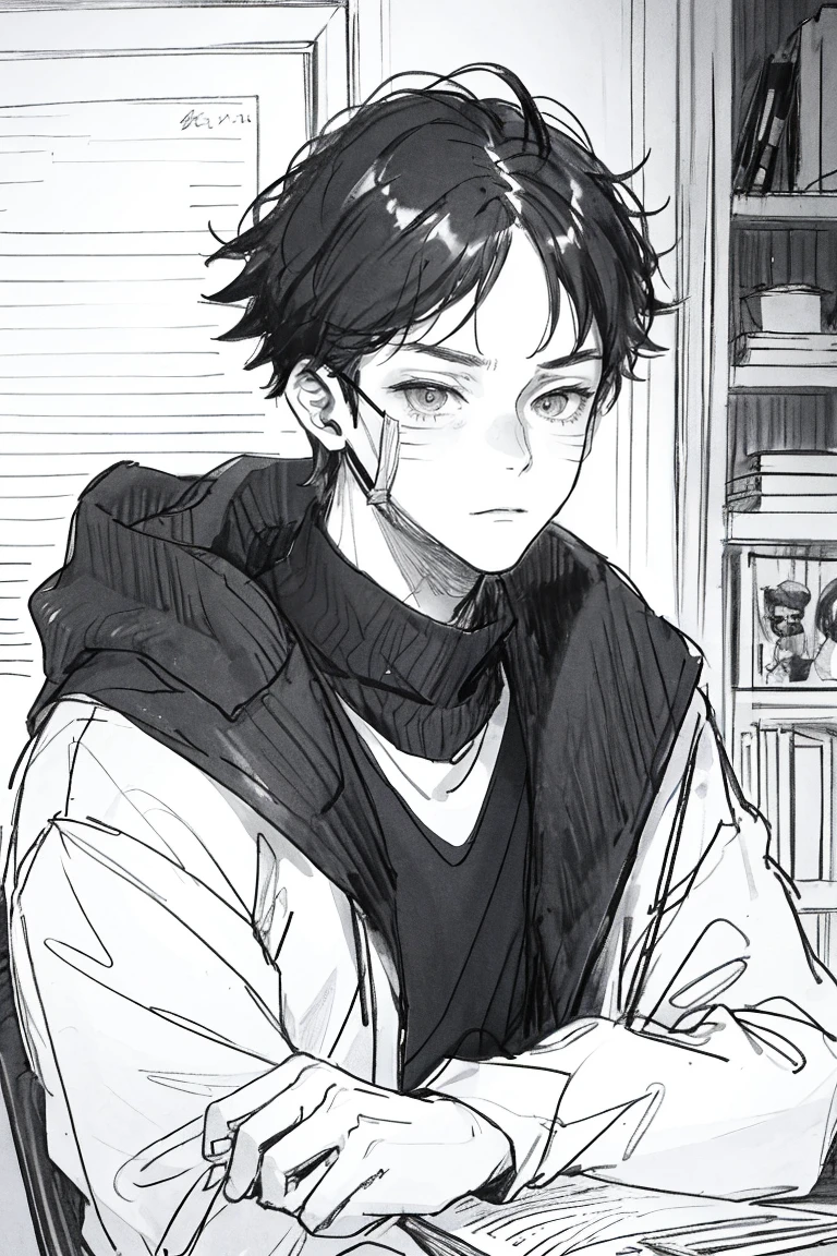pencil line art, 1 boy, cool, dark, glaring up, mask, young, boy, handsome