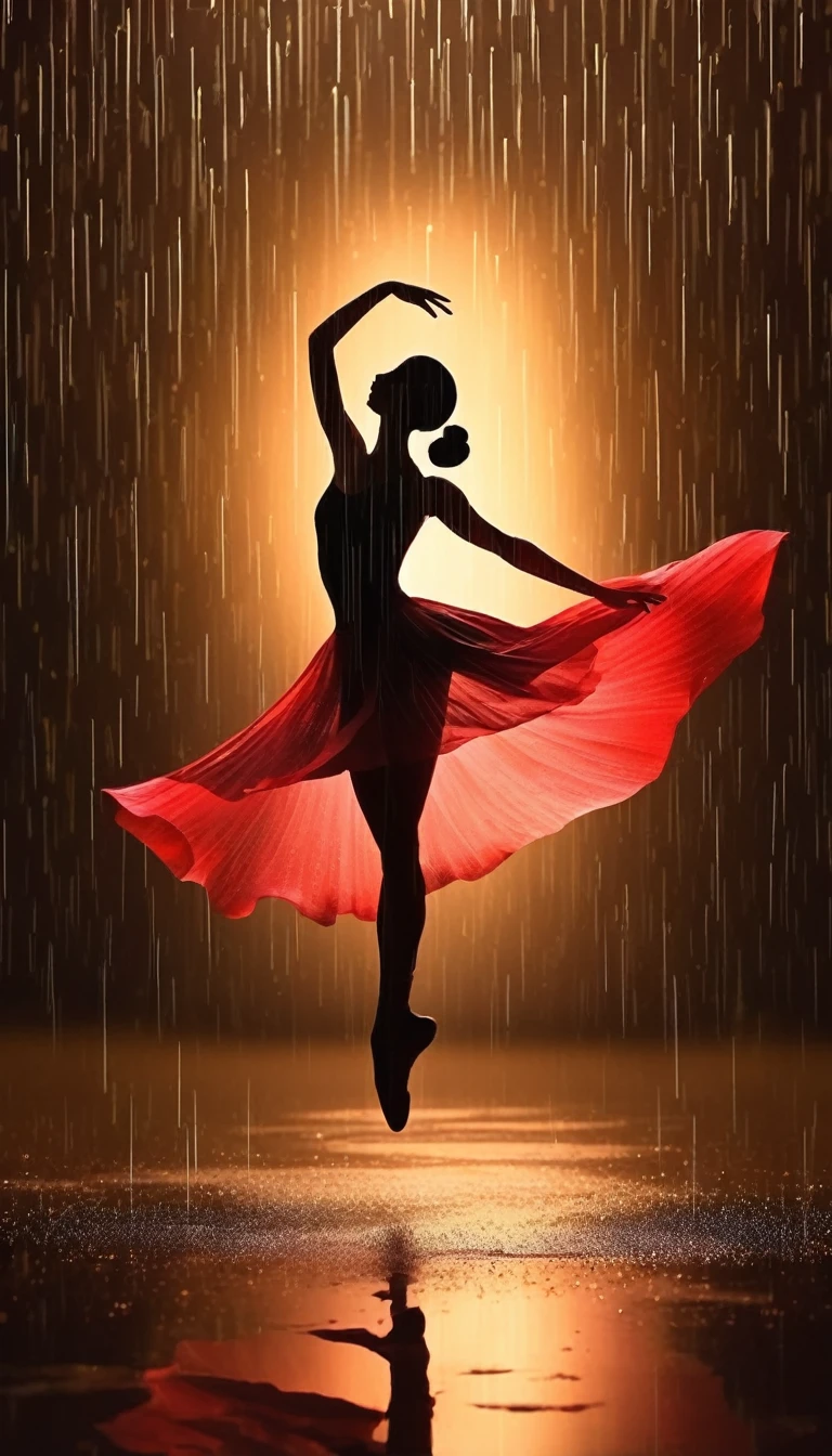 The silhouette of a ballet dancer gradually formed by the rain， 红色background, Digital Art Style, Simple lines，Silhouette of a ballet dancer dancing beautifully from above, 暴雨 dancing with the light Simple lines, Silhouette Art, background, illustration, 暴雨background, cartoon, 纯色background, texture, lotus, Warm atmosphere, Mysterious feeling, Dancing in the heavy rain, A style that displays waterspouts and light，Double Exposure，reflection