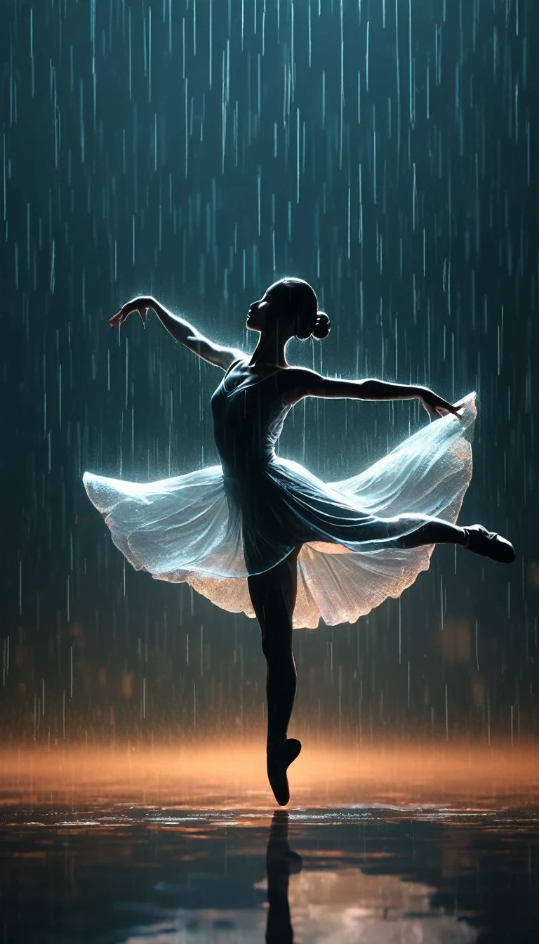 The silhouette of a ballet dancer gradually formed by the rain， 红色background, Digital Art Style, Simple lines，Silhouette of a ballet dancer dancing beautifully from above, 暴雨 dancing with the light Simple lines, Silhouette Art, background, illustration, 暴雨background, cartoon, 纯色background, texture, lotus, Warm atmosphere, Mysterious feeling, Dancing in the heavy rain, A style that displays waterspouts and light，Double Exposure，reflection