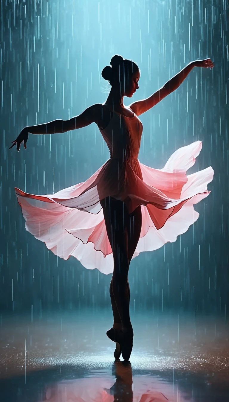 The silhouette of a ballet dancer gradually formed by the rain， 红色background, Digital Art Style, Simple lines，Silhouette of a ballet dancer dancing beautifully from above, 暴雨 dancing with the light Simple lines, Silhouette Art, background, illustration, 暴雨background, cartoon, 纯色background, texture, lotus, Warm atmosphere, Mysterious feeling, Dancing in the heavy rain, A style that displays waterspouts and light，Double Exposure，reflection