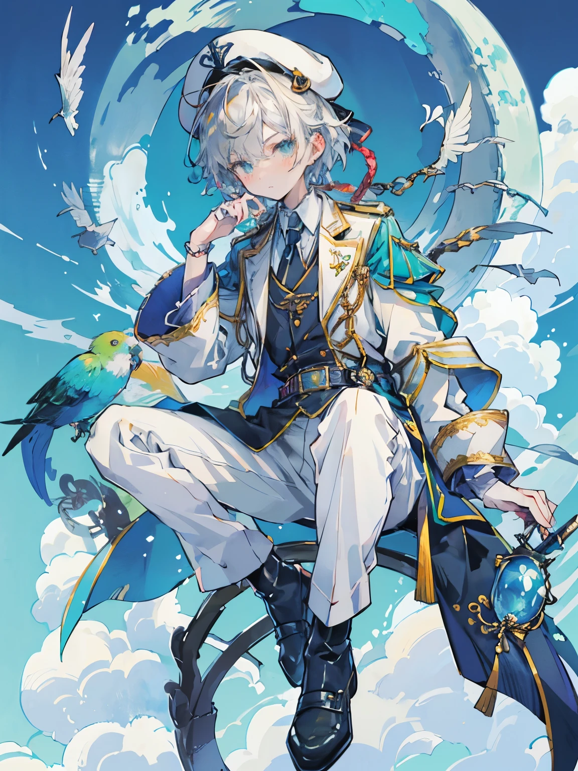 ((masterpiece, best quality: 1.1), ((Wearing a white suit、anime boy with white hat)), Wearing a white suit的动漫男孩, , A blonde boy、short hair、Black boots、Very Beautiful Anime , Anime boy, (Navy cap), Charming human boy,  juvenile, Lovely character, 、serious、cute boy、Blue background、Western Fantasy Atmosphere，cloak、Parrot