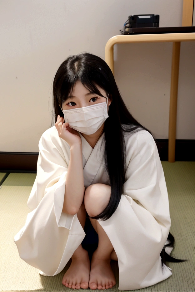 Japaneseの女の子、、high school student、Wearing a mask、Natural、Long Hair、Black Hair、Beautiful Skin、White skin、Crouching、Short skirt、Spread your legs a little、Japanese、In the room、high resolution、18k、Personal photos、Everyday、Living style、she