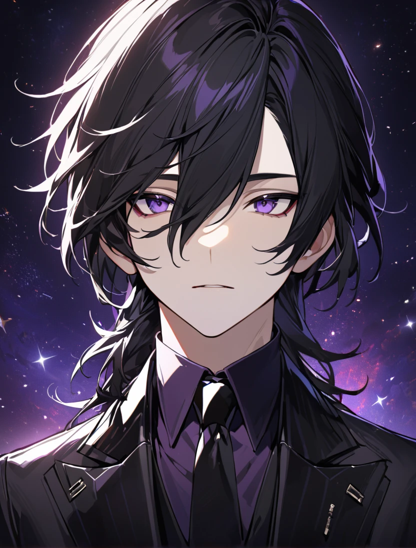 (black_hair), (long_male_hair), (deep_purple_eyes), (high_detailed_eyes), (attractive), (emotionless), (Deep_space_background), (male), (wearing _a_black_suit), (long_male_hair), (detailed_Hair), (detailed), (detailed_mouth), (close_up)