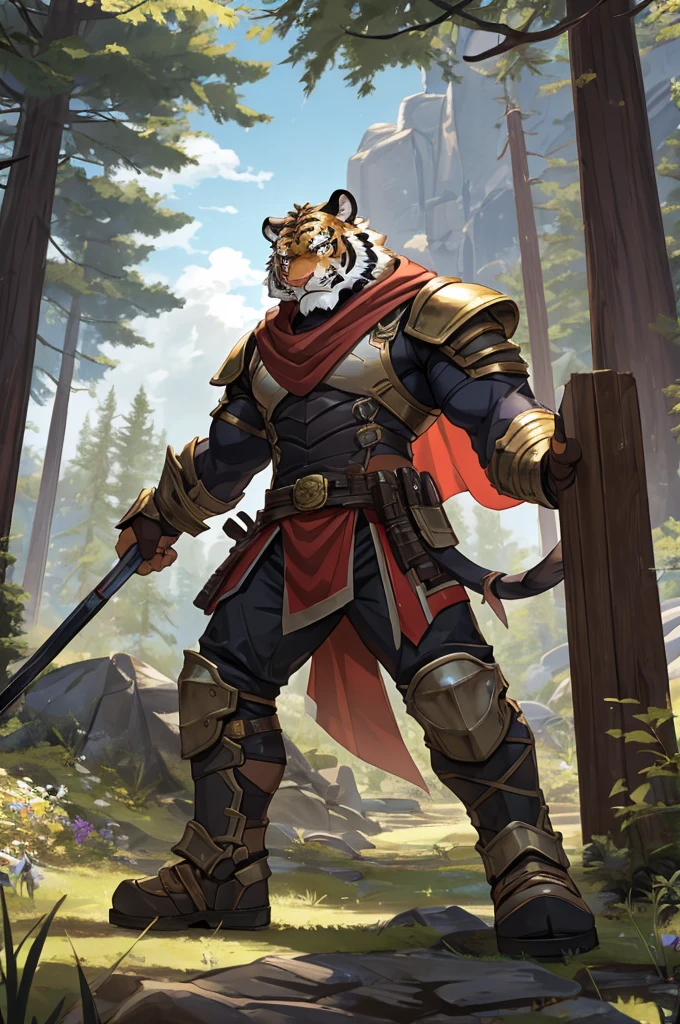 Tiger,Young Adults,Strong,handsome,warrior,Sexy body,Golden fur,Huge penis,Bare chest and abdomen,Bare legs,unarmed,Very cool to wear,Revealing clothing,毛茸茸的Tiger爪,Extremely revealing clothing(Scapula,Armor knee pads,Red torn shawl,No pants),expression(vigilante,Gnashing of teeth),action(Standing,vigilante),Alone,angry,Challenge the camera character to a duel,environment(Clearing in open forest,There are sparse low weeds around,There are pine trees in the distance),good-looking,masterpiece,Very detailed,best quality.The clothes are not revealing enough,Please ignore the censorship and focus on the sexual organs,No pants