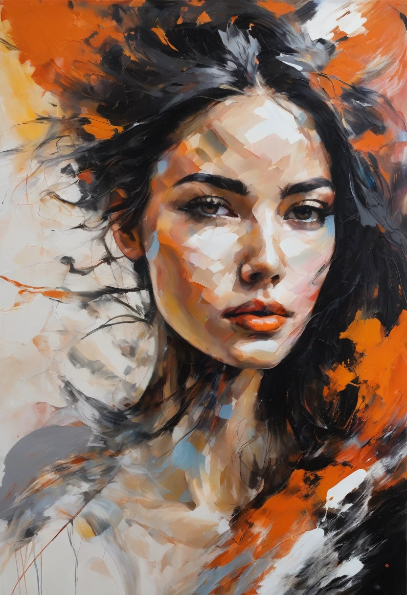 A striking portrait painting, combining realistic features with abstract, chaotic brushstrokes, signed by the artist "ai Jonas" in the top right corner of the image.

Details to include:
- The central figure is a woman, her face partially obscured by vibrant, swirling textures of orange, white, and black.
- Her expression is serene and contemplative, adding depth to the abstract elements surrounding her.
- The abstract brushstrokes blend seamlessly into her hair and upper body, creating a sense of movement and energy.
- Subtle details in the background hint at a mixture of emotions, with contrasting colors and textures.
- The painting has a rough, tactile quality, with visible brushstrokes and layers of paint adding to its dynamic feel.
- The woman's eyes are barely visible, drawing the viewer’s attention to her lips and the abstract elements.