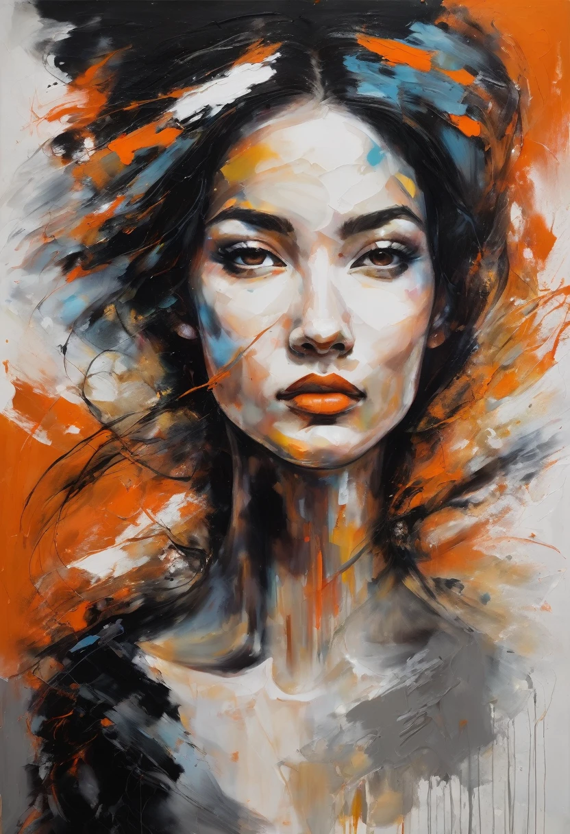 A striking portrait painting, combining realistic features with abstract, chaotic brushstrokes, signed by the artist "ai Jonas" in the top right corner of the image.
Details to include:
- The central figure is a woman, her face partially obscured by vibrant, swirling textures of orange, white, and black.
- Her expression is serene and contemplative, adding depth to the abstract elements surrounding her.
- The abstract brushstrokes blend seamlessly into her hair and upper body, creating a sense of movement and energy.
- Subtle details in the background hint at a mixture of emotions, with contrasting colors and textures.
- The painting has a rough, tactile quality, with visible brushstrokes and layers of paint adding to its dynamic feel.
- The woman's eyes are barely visible, drawing the viewer’s attention to her lips and the abstract elements.