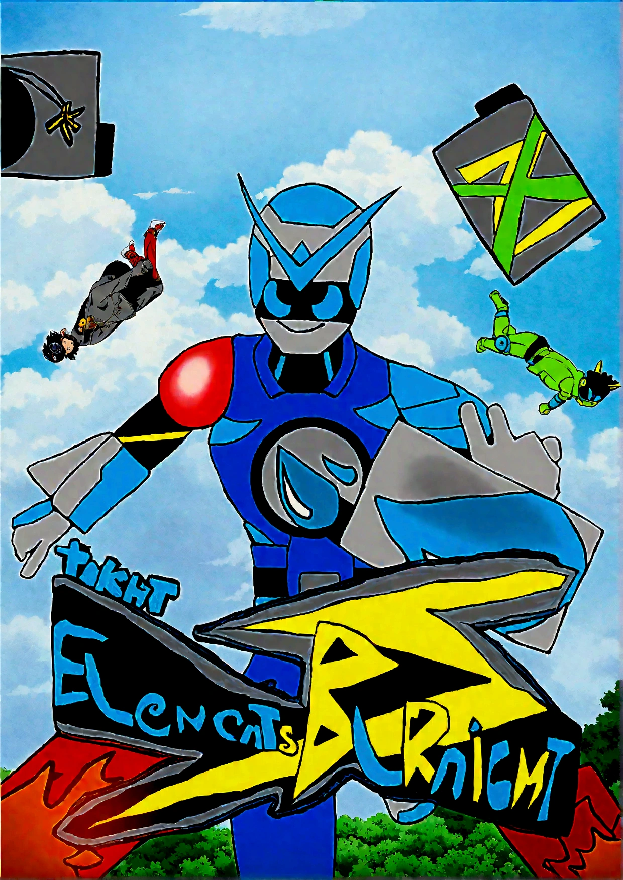 there is a cartoon of a man holding a kite and a sign, an epic anime of a energy man, promotional art, comic book's cover, official art, official artwork, promotional artwork, flying anime esper, comic cover, tekkon kinkret, kamen rider character, g - man ending, anime cover, digital art!!, eboy, art cover