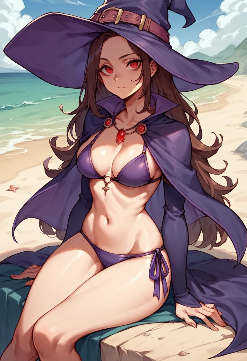 witch, half witch suit, half purple bikini, red eyes, red necklace, purple witch hat, medium-length brown hair, sitting on the beach of an island, 8K