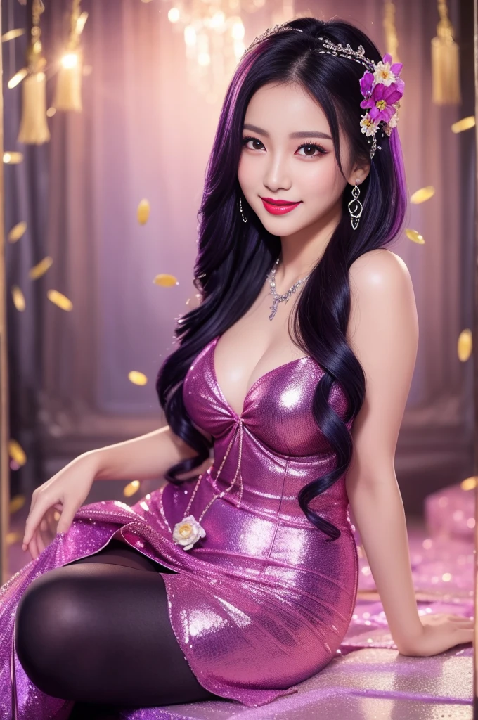 sexy Thai model who controls poison、beautiful smile、lip-gloss、bold lipstick、long lasheetallic makeup、look at the camera、full body Esbian、、sparkling poisoned flower costume、、、、sparkling Colorful hair、secrete poison、skull hair accessories、sexy tights、shiny sparkling flowers background