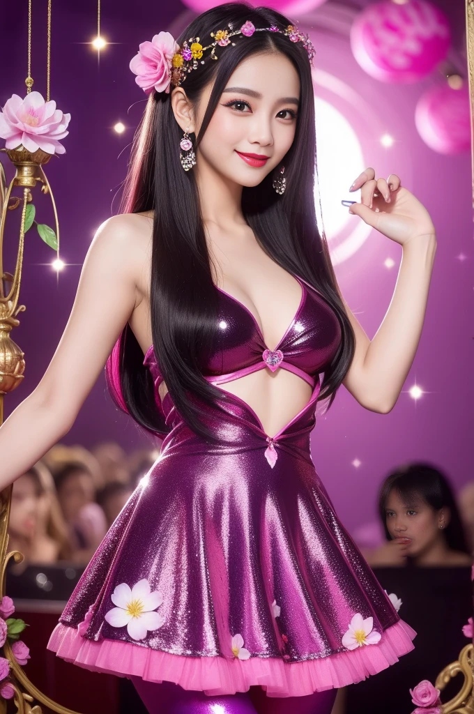sexy Thai model who controls poison、beautiful smile、lip-gloss、bold lipstick、long lasheetallic makeup、look at the camera、full body Esbian、、sparkling poisoned flower costume、、、、sparkling Colorful hair、secrete poison、skull hair accessories、sexy tights、shiny sparkling flowers background
