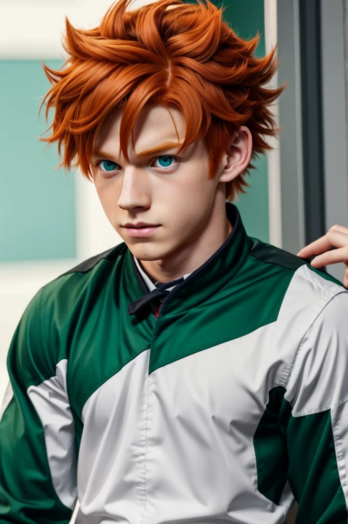 A ginger boy from My Hero Academia with green eyes like Deku&#39;s and an angel bites and iPhone headphones 