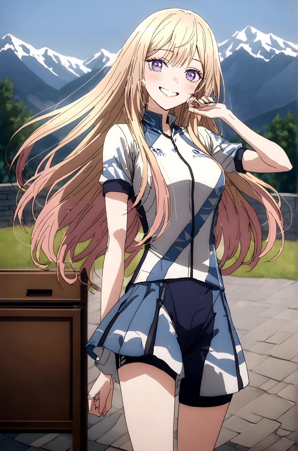 Create an image of a young woman with long, flowing blonde hair and captivating purple eyes. She is smiling warmly and has a light blush on her cheeks. She wear short sleeve cycling jersey. half cycling pants, outdoor, beautiful mountain field, blue sky, standing, exuding a friendly and approachable demeanor.