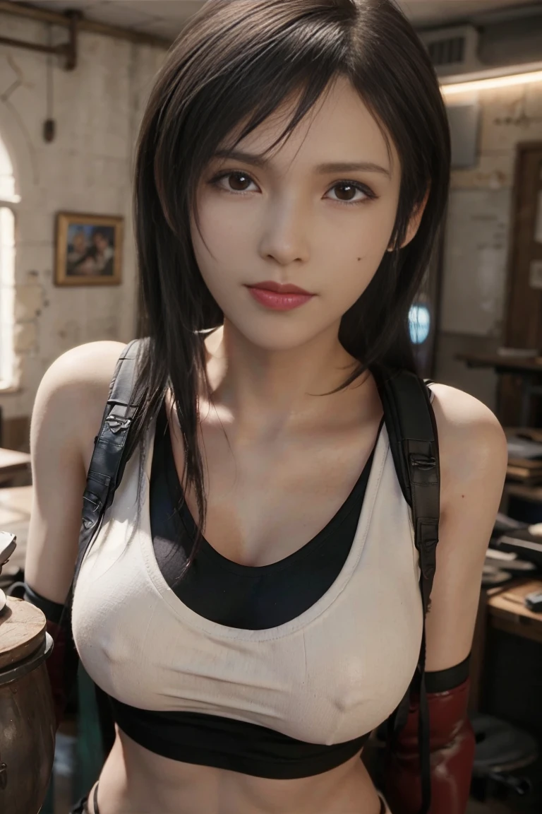 (masterpiece), (Top image quality), 8K resolution, Ultra-detail, Ultra-detail, Realism, (1girl in), Tifa, Final Fantasy, Tifa lockhart, rays of sunshine, cinematic, Cool Pose, Concrete walls,metal pipes,The description of Red Eye App,Detailed double eyelids,short-hair、Dark brown color,slender,Model body type,no-makeup、Bust Bcups