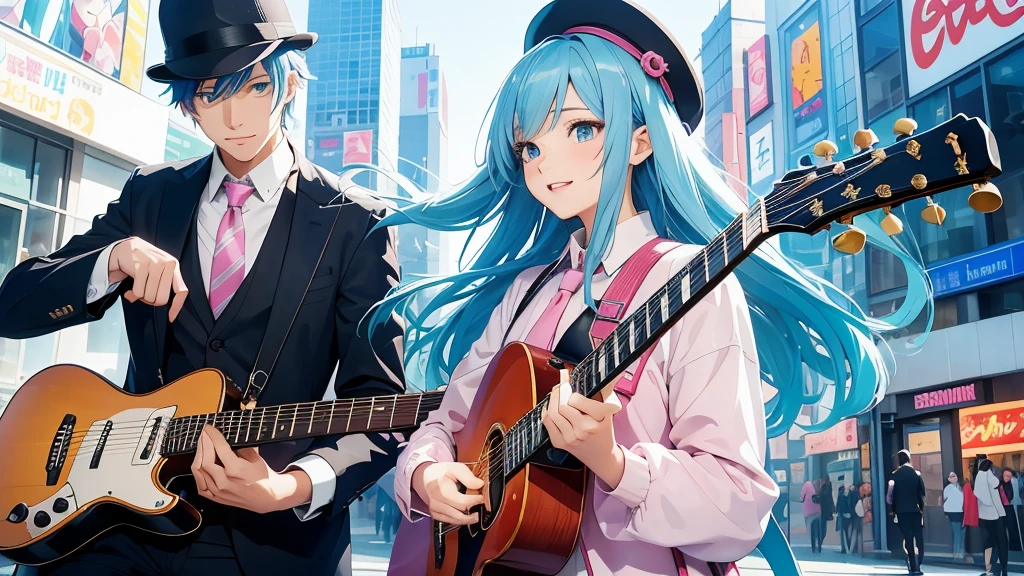 Anime style illustration with a vibrant city background similar to Shibuya. The main characters are a girl with long blue hair and blue eyes wearing a with a pink tie, and a boy with short blue hair wearing a white suit and hat. In this image, the boy is singing into a microphone, eyes closed and passionately involved in the song, while the girl is looking at him with a smile. The background remains colorful with musical notes floating around.