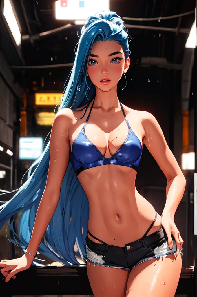 (best quality: 1.2), clean face, (masterpiece: 1.2, 8k)(PureErosFace_V1: 0.7), perfect anatomy, 1girl,a beautiful fashion model ,(masterpiece, official art, best quality) (wet skin, shiny skin) ,long and shiny hair, blue hair with streaks in hair, long hair, full lips, upturned nose , big breasts, looking at viewer, revealing outfit, absurdity, intricate details, dynamic pose, club, cinematic lighting, (highly detailed skin: 1.2), wearing
 short shorts and a tight white top, cleavage, torn clothes, thong straps