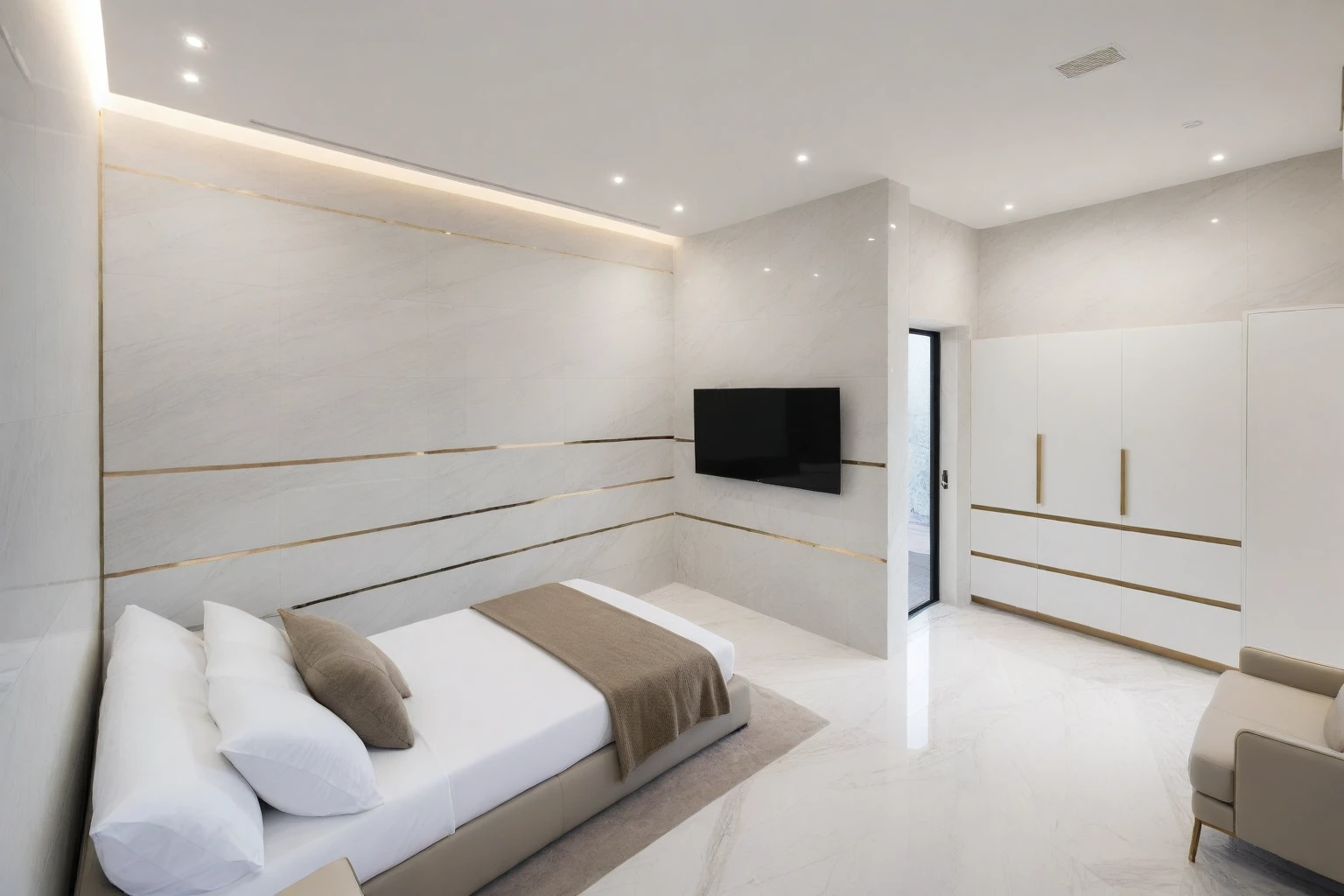 Raw photo,Masterpiece, high quality, best quality, authentic, super detail,
indoors, interior , (( BEDROOM :1.3)), modern style, daylight, (WHITE WALL),luxury, marble tile floor,