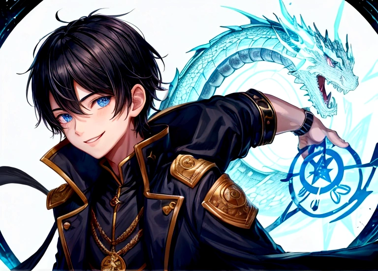 1boy, calm, smile, short black hair, blue eyes, dragon horn, jacket, magic circle