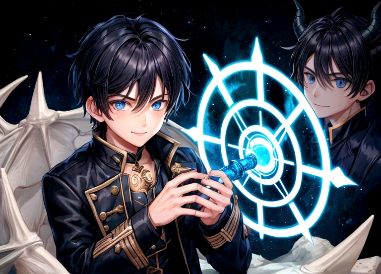 1boy, calm, smile, short black hair, blue eyes, dragon horn, jacket, magic circle