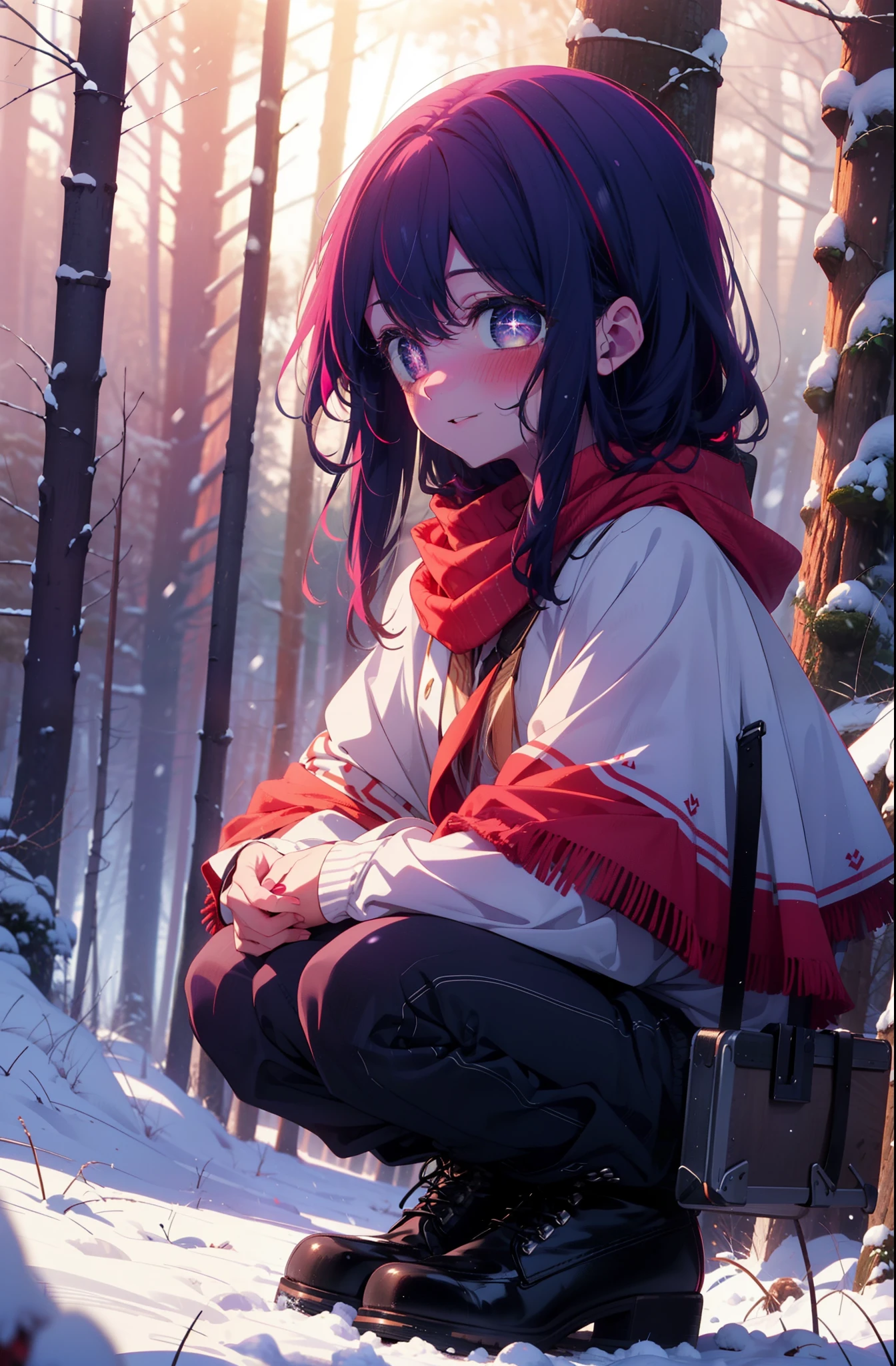 aihoshino, Ai Hoshino, Long Hair, bangs, (Purple eyes:1.1), Purple Hair, (Symbol-shaped pupil:1.5), smile,,smile,blush,White Breath,
Open your mouth,snow,Ground bonfire, Outdoor, boots, snowing, From the side, wood, suitcase, Cape, Blurred, , forest, White handbag, nature, Squat, Mouth closed, Cape, winter, Written boundary depth, Black shoes, red Cape break looking at viewer, Upper Body, whole body, break Outdoor, forest, nature, break (masterpiece:1.2), Highest quality, High resolution, unity 8k wallpaper, (shape:0.8), (Beautiful and beautiful eyes:1.6), Highly detailed face, Perfect lighting, Highly detailed CG, (Perfect hands, Perfect Anatomy),