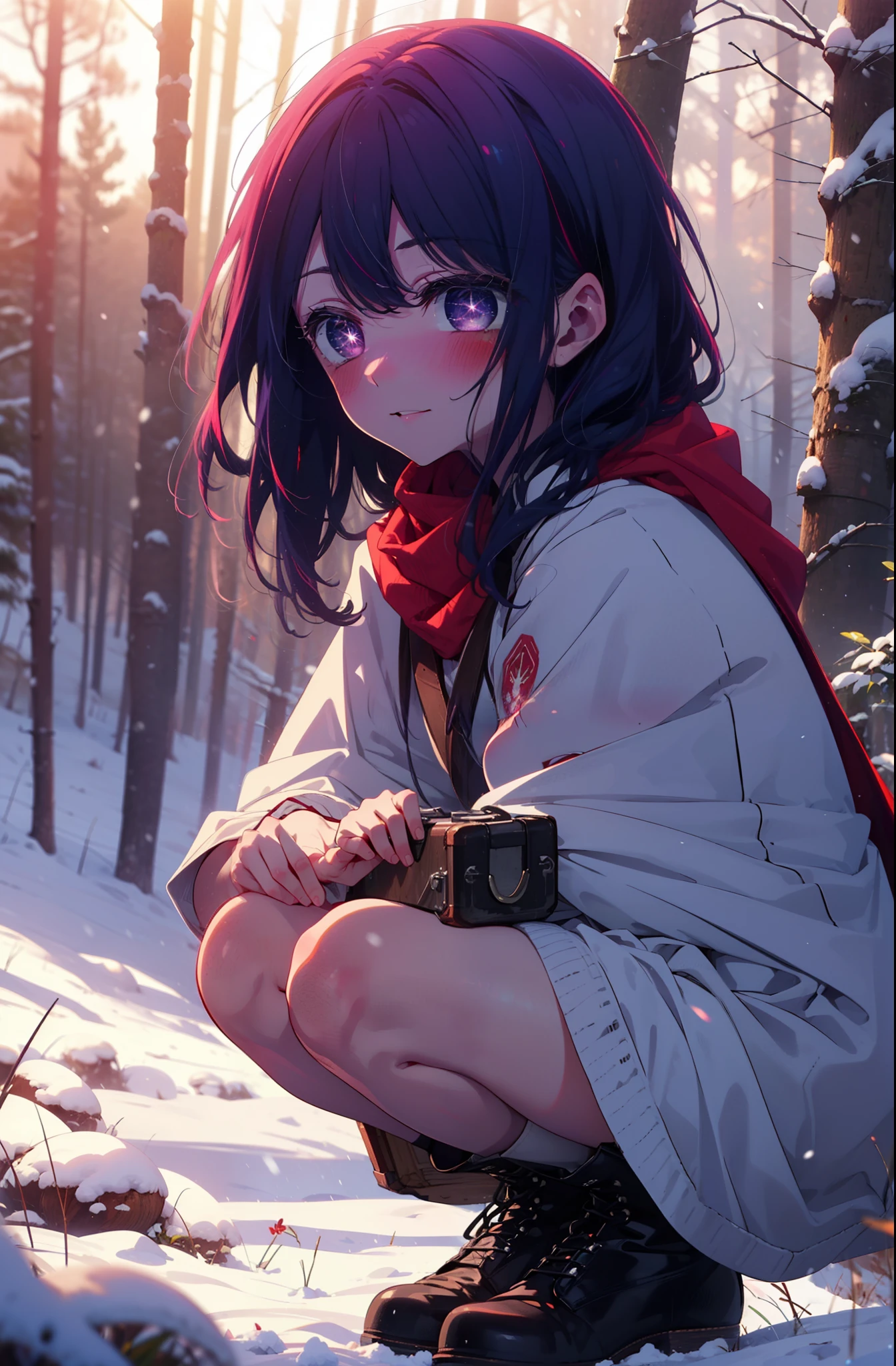 aihoshino, Ai Hoshino, Long Hair, bangs, (Purple eyes:1.1), Purple Hair, (Symbol-shaped pupil:1.5), smile,,smile,blush,White Breath,
Open your mouth,snow,Ground bonfire, Outdoor, boots, snowing, From the side, wood, suitcase, Cape, Blurred, , forest, White handbag, nature, Squat, Mouth closed, Cape, winter, Written boundary depth, Black shoes, red Cape break looking at viewer, Upper Body, whole body, break Outdoor, forest, nature, break (masterpiece:1.2), Highest quality, High resolution, unity 8k wallpaper, (shape:0.8), (Beautiful and beautiful eyes:1.6), Highly detailed face, Perfect lighting, Highly detailed CG, (Perfect hands, Perfect Anatomy),
