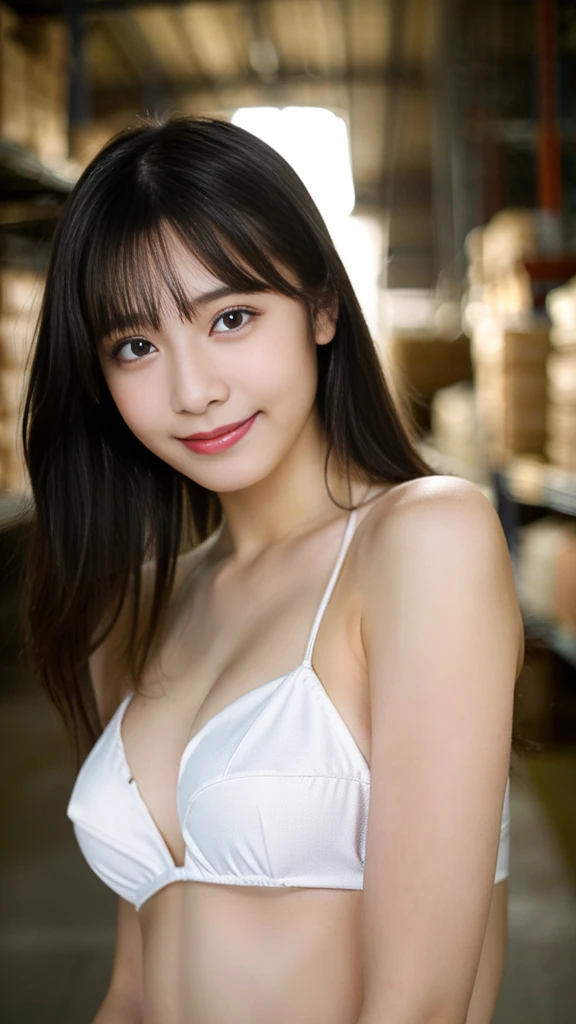 ((Highest quality、8K、masterpiece、high resolution、High resolution:1.3))、One girl、Japanese girl、19-year-old girl、Narrow waist、Cute Girls:1.3、(Semi-long hair、Black Hair)、(Medium breast、Average bust size:1.2)、Highly detailed face、Beautiful Eyes、Lifelike skin texture、Beautiful eyes、With a smile、Direct your gaze this way、whole body、Beautiful feet、Clear photos、RAW Photos、In the warehouse、In a dimly lit warehouse、Micro Bikini、White Bikini