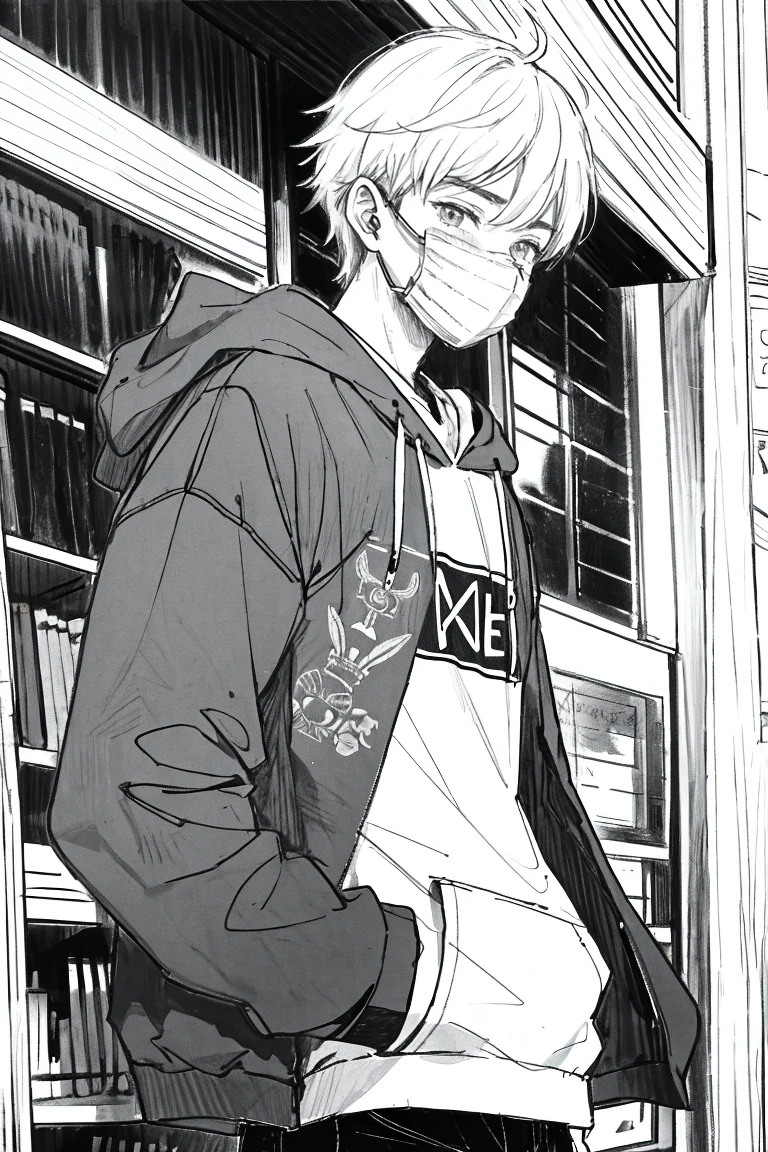 pencil line art, 1 boy, cool, bored, mask, young, boy, handsome, hoodie