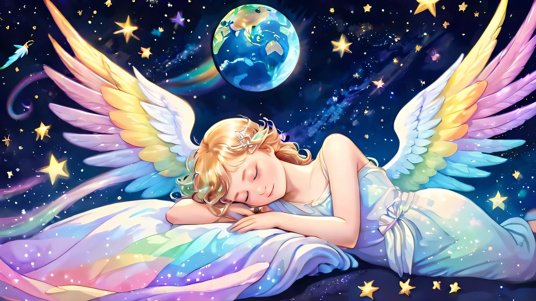 Beautiful angel sleeping happily holding the earth, outer space, pastel rainbow colored wings, shooting stars, fine pearl light