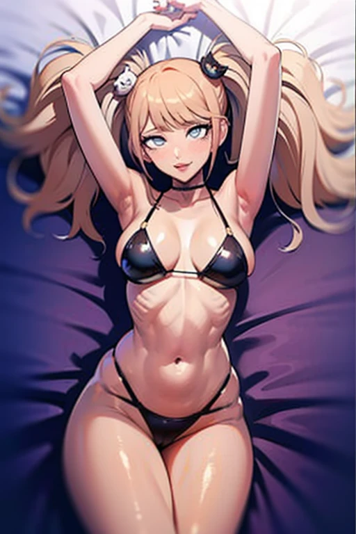 hot seductive mature woman, junko enoshima, slight tan, curvy body, not skinny, smooth skin, fluffy pigtails, pinkish blonde hair, choker, completely black bikini, blushing a lot on cheeks and nose, lying in bed, messy hair, sharp blue eyes, beautiful face, safe for work, smooth skin, legs closeup, view from above, white bed, showing armpits