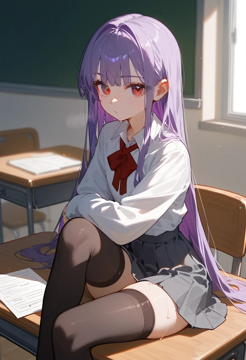 score_9,score_8_up,score_7_up,1girl,Anime girl, sitting at the desk,Long hair,Violet hair, Light violet bangs,Left red eye, Right Violet eye, Annyoned,Solo, Sweating, ,Gray skirt,Black stockings, looking at viewer, School Room, annyoned 