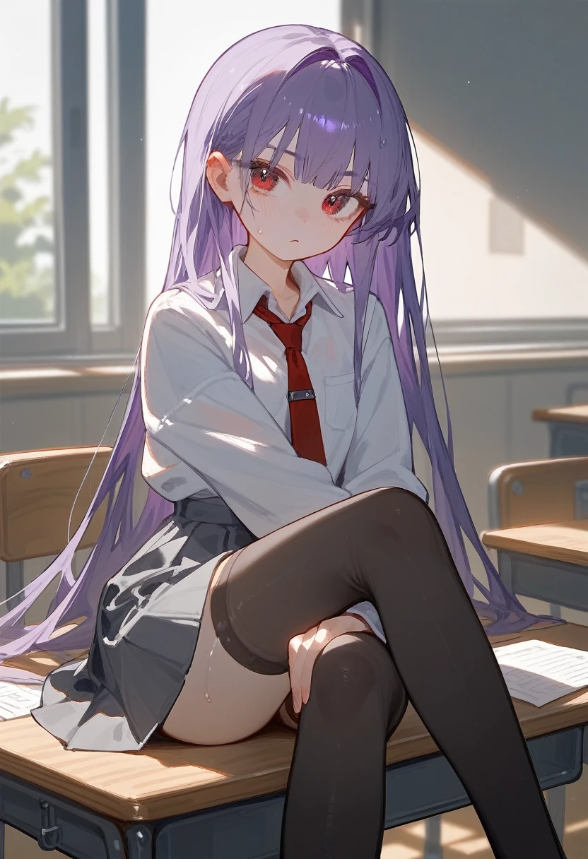 score_9,score_8_up,score_7_up,1girl,Anime girl, sitting at the desk,Long hair,Violet hair, Light violet bangs,Left red eye, Right Violet eye, Annyoned,Solo, Sweating, ,Gray skirt,Black stockings, looking at viewer, School Room, annyoned 