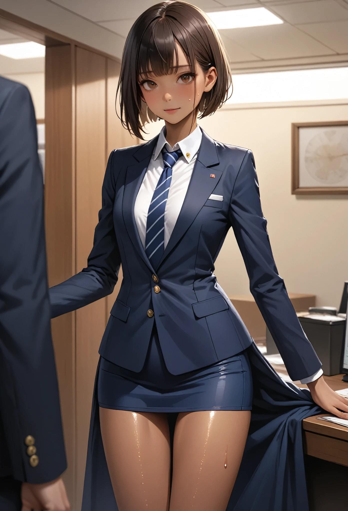 (masterpiece,Highest quality:1.3,best quality illustration,realistic),cowboy shot,1woman,20 year old Japanese beauty,((very small head:1.3)),brown short bob hair,bangs,brown eyes,gorgeous eyes,blush,smile,small breasts,((very long body:1.3)),((toned body,slender body,skinny,tan skin)),(navy uniform、Dark blue blazer jacket、White Shirt、Navy blue tie、Navy blue tight skirt),gleaming skin,shiny skin,sweat,standing,office、Naval Base、