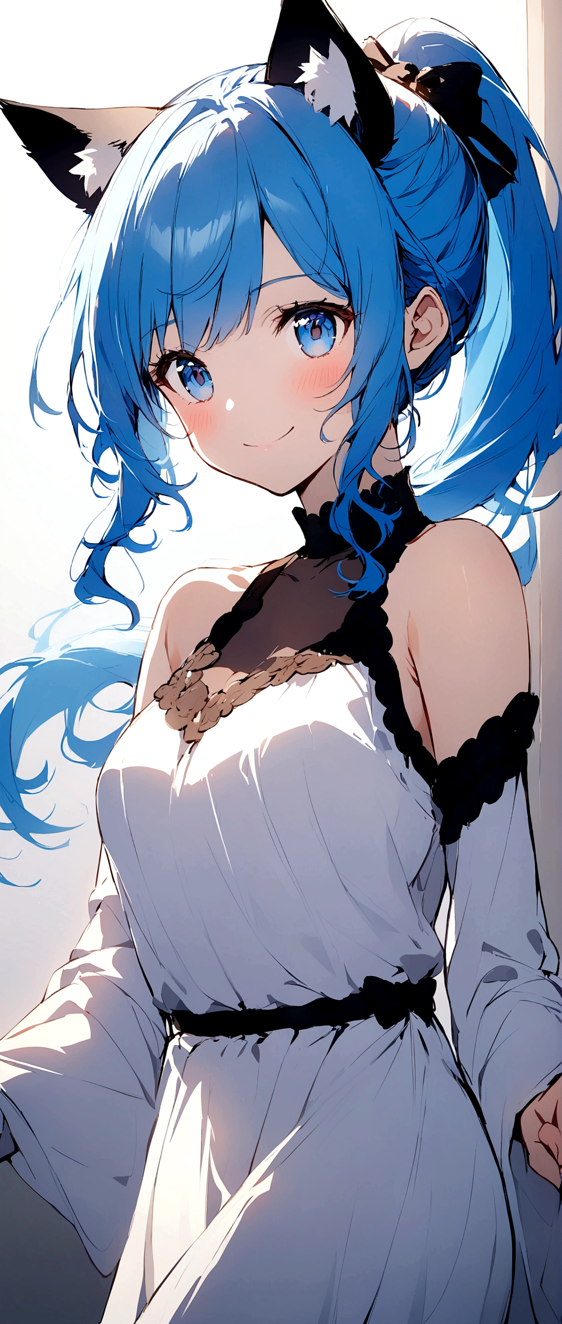 Blue Hair、Ponytail on the left、Blue eyes、Has cat ears、Smiling、Girl