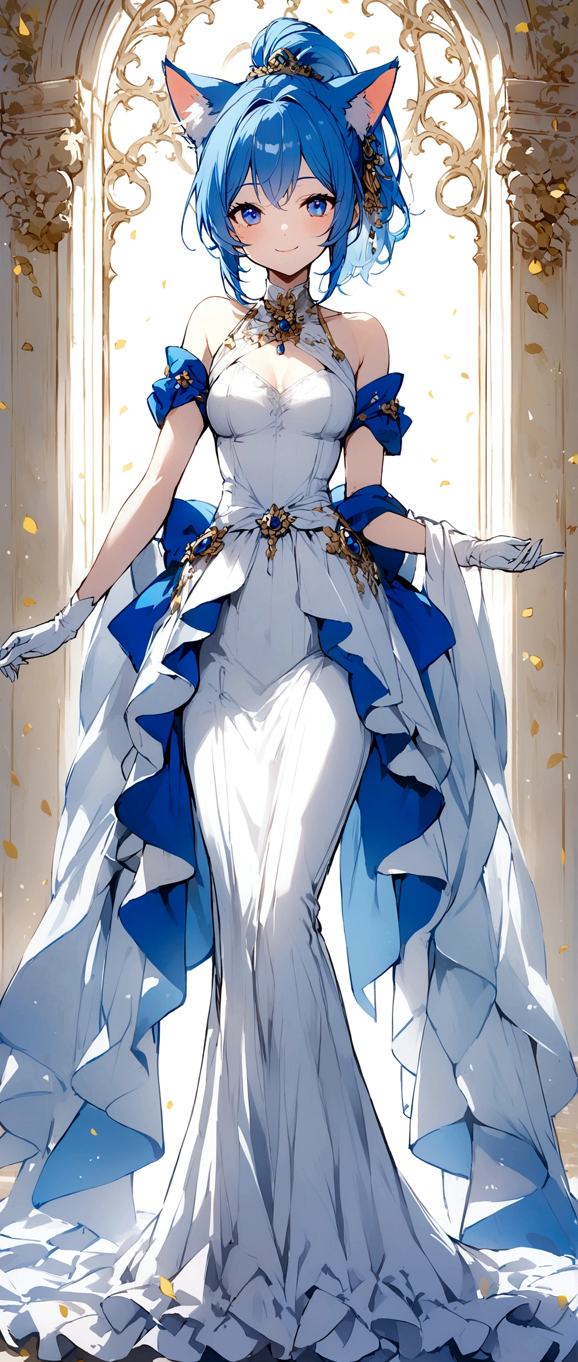 Blue Hair、Ponytail on the left、Blue eyes、Has cat ears、Smiling、Girl