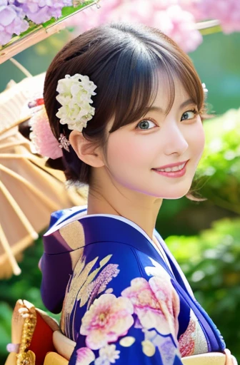 (Light makeup)、(top-quality,masterpiece:1.3,超A high resolution,),(Ultra-detail,Caustics),(Photorealsitic:1.4,RAW shooting,)Ultra-realistic capture,(32k,high detal,high-detail、masterpiece,Attention to detail,full body Esbian,solo,Lori:1.6),Raw photo & realistic atmosphere,beautiful dark blue eyes,Detailed mouth,Glossy lips,Detailed eyebrows,Eyes drawn in detail with soft white skin that shines with every detail)、、 (Skin texture is natural、、The skin looks healthy with an even tone、 Use natural light and color, japanese, A dark-haired, long hair,(depth of fields、realisitic、8K UHD、hight resolution、(1girl in:1.2)、The ultra-detailliert、High quality textures、very detailed CG、High quality shadows, A dark-haired、Kyo-Yuzen、blue Kimono、park background , (Super cute face in idol style:1.4)、slim and beautiful figure、A smile、full body Esbian:1.2, Japanese woman in kimono, 25 years old, hydrangeas flower background, standing under hydrangeas flower, warm light, big smile,