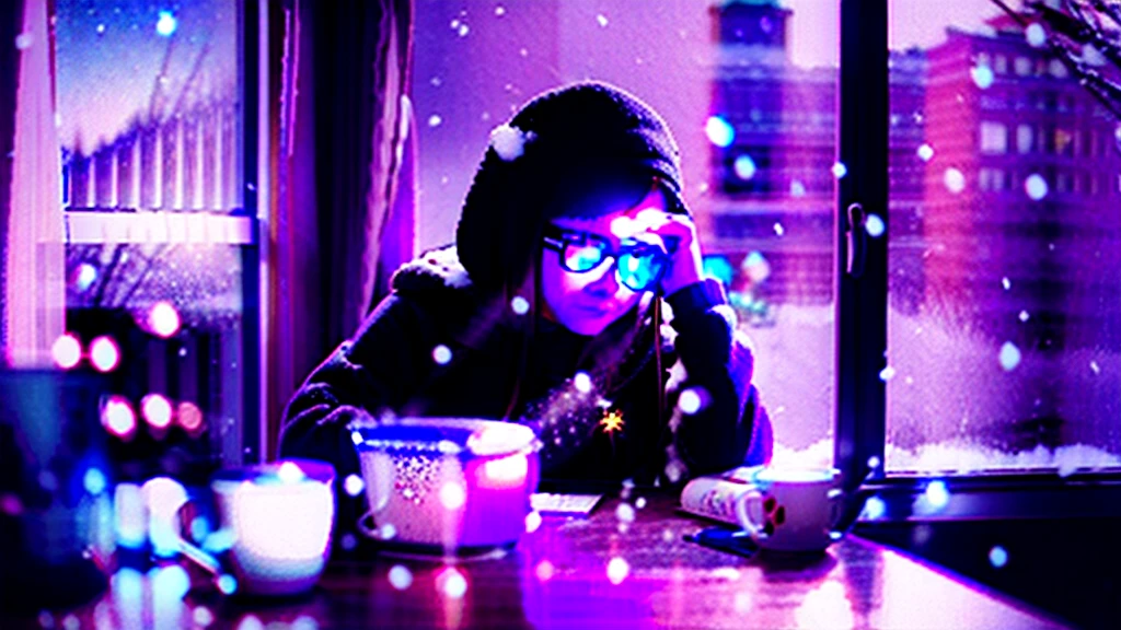A  teenage girl listening to lofi music and studying in cozy room , snow fall is there seen from window , room is well lit , 8k, realistic, animation , 16:9