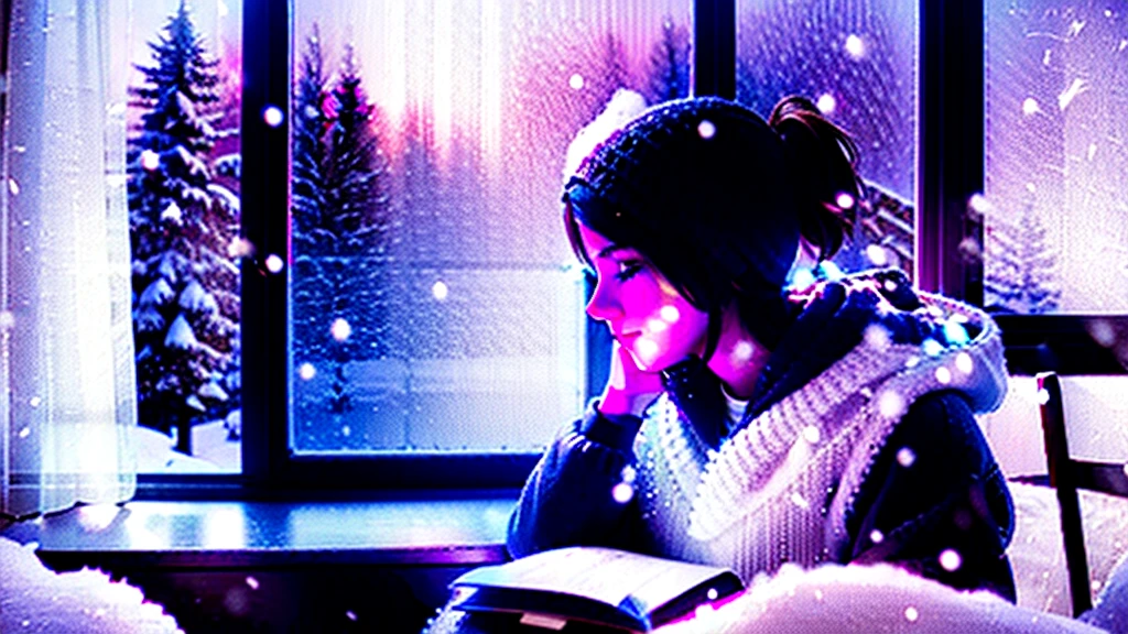 A teenage girl listening to lofi music and studying in cozy room , snow fall is there seen from window , room is well lit , 8k, realistic, animation , 16:9