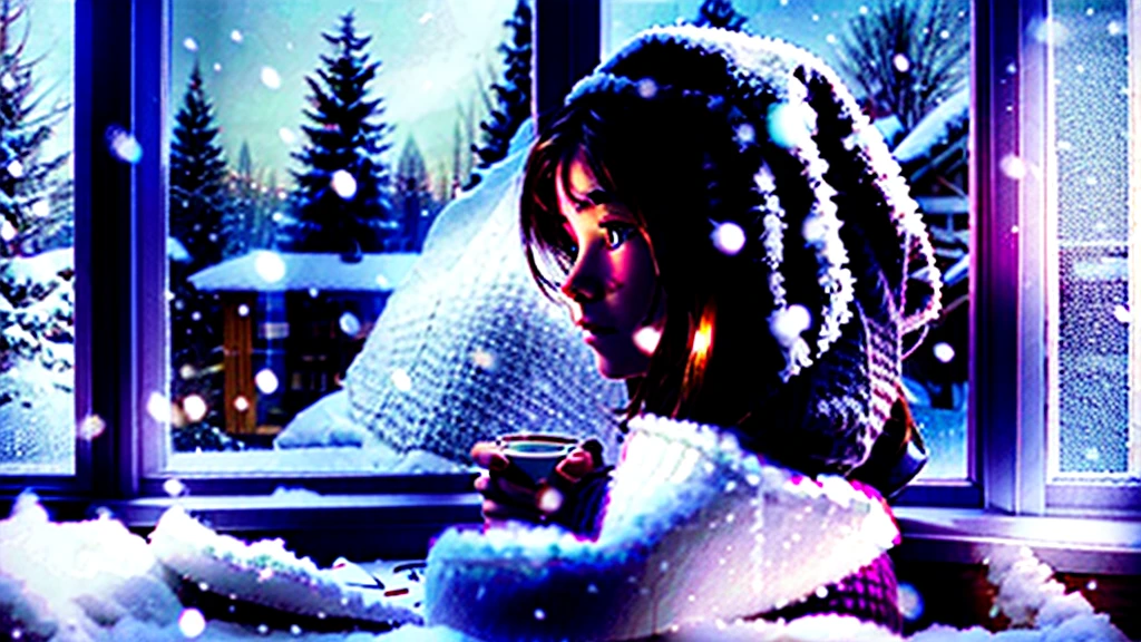 A age girl listening to lofi music and studying in cozy room , snow fall is there seen from window , room is well lit , 8k, realistic, animation , 16:9