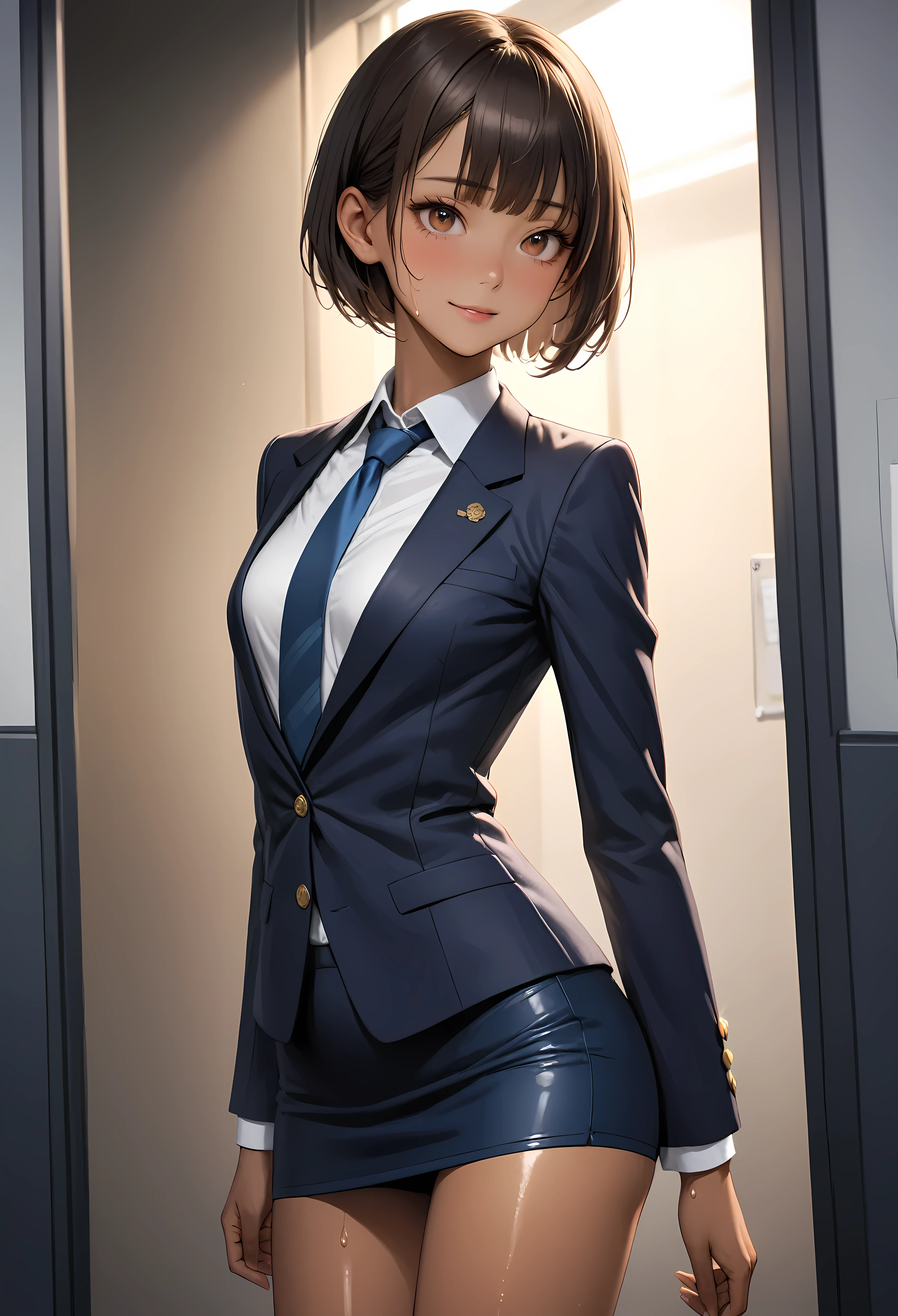 (masterpiece,Highest quality:1.3,best quality illustration,realistic),cowboy shot,1woman,20 year old Japanese beauty,((very small head:1.3)),brown short bob hair,bangs,brown eyes,gorgeous eyes,blush,smile,small breasts,((very long body:1.3)),((toned body,slender body,skinny,tan skin)),(navy uniform、Dark blue blazer jacket、White Shirt、Navy blue tie、Navy blue tight skirt),gleaming skin,shiny skin,sweat,standing,office、Naval Base、