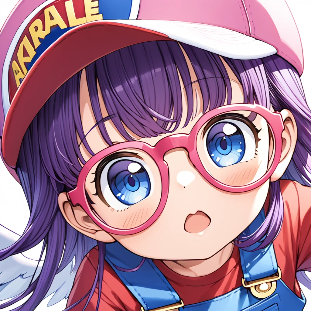 masterpiece、Highest quality、Very aesthetic、Front face facing the viewer、Absurd、1 girl、ds-norimakiarale、Purple Hair、Long Hair、blue eyes、pink frame glasses、Pink hat、hat with wings、Costume by ds-norimakiarale、Red Shirt、Blue Overalls、Face close-up