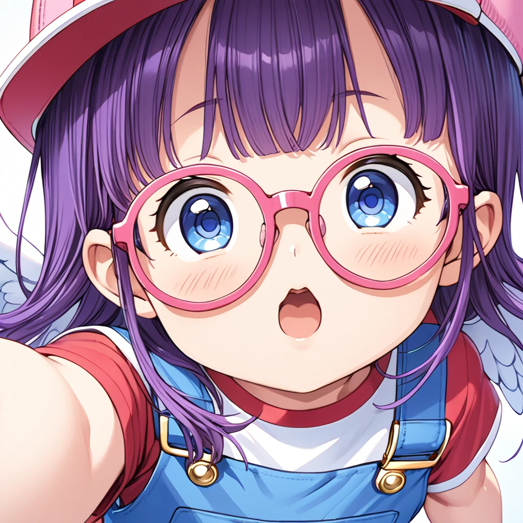 masterpiece、Highest quality、Very aesthetic、Front face facing the viewer、Absurd、1 girl、ds-norimakiarale、Purple Hair、Long Hair、blue eyes、pink frame glasses、Pink hat、hat with wings、Costume by ds-norimakiarale、Red Shirt、Blue Overalls、Face close-up
