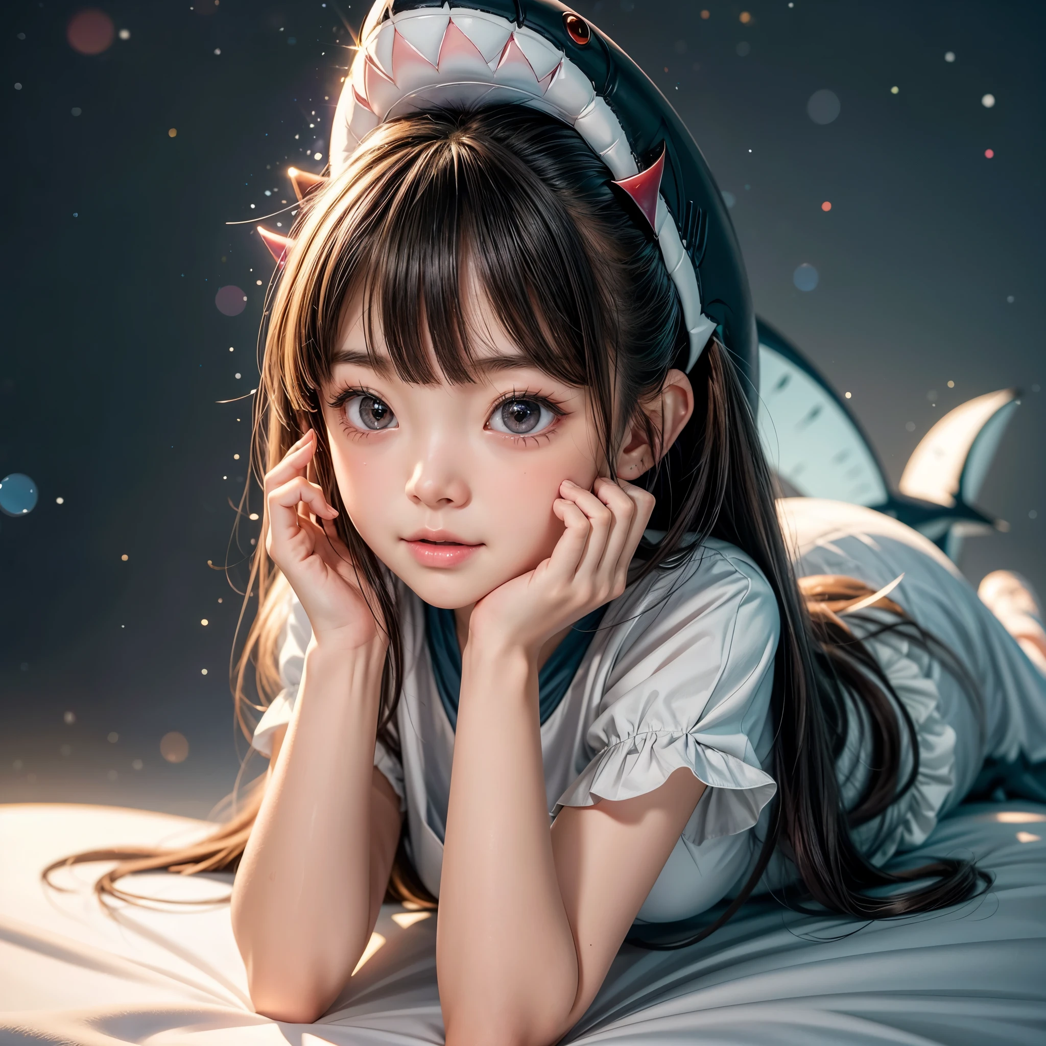 (((HUGE stuffed Shark on Head))), 8k, High-level, absurd, masterpiece, best quality, primitive, very detailed CG, very detailed wallpaper, perfect lighting, Extremely detailed ((( personifying " Shark " as a ))), MysticSight, Tyndall effect, Tyndall scattering, (Studio gray background with (Overflowing oodles Dazzling RainbowColorParticles (BokeH))), (RoundlyButts, ThighGap), (Exposed:0.4), (Assfocus with looking ahead) BREAK  (Acutance:0.88), (NOGIZAKA face variations) Extremely Detailed very KAWAII face variations, perfect anatomy, Childish, CaptivatingGaze ElaboratePupils detailed Eyes with (sparkling highlights:1.28), (Voluminous LongEyelashes:0.88)、GlossyRED Lips with beautiful details, RosyCheeks, Radiant PearlSkin with Transparency . { (Dynamic LifeLike expressions:1.4) | (:d) }, (large eyes:-1) .