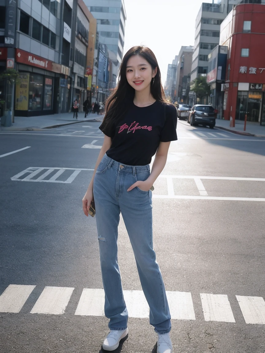 Realistic,score_9, score_8_Excellent, score_7_Excellent, break, 1人of女性(40s:1.2),alone,Tie long hair to the side,From before,Face Focus,(View your viewers:1.2),A kind smile(Laugh with your mouth closed:1.2),Full body portrait(Medium:1.2),bright,Polaroid,(depth_of_Field:1.5),晴れof日,Outdoor,street,目of間of毛,Moody lighting,Lens flare,Available Light,Rim Light,Shining neon lights,Curvy,Standing posture(standing on street corner:1.5),無地ofTshirt(色Heather Mauve:1.2),Do not tuck into waist,Blue Jeans,日本of女性