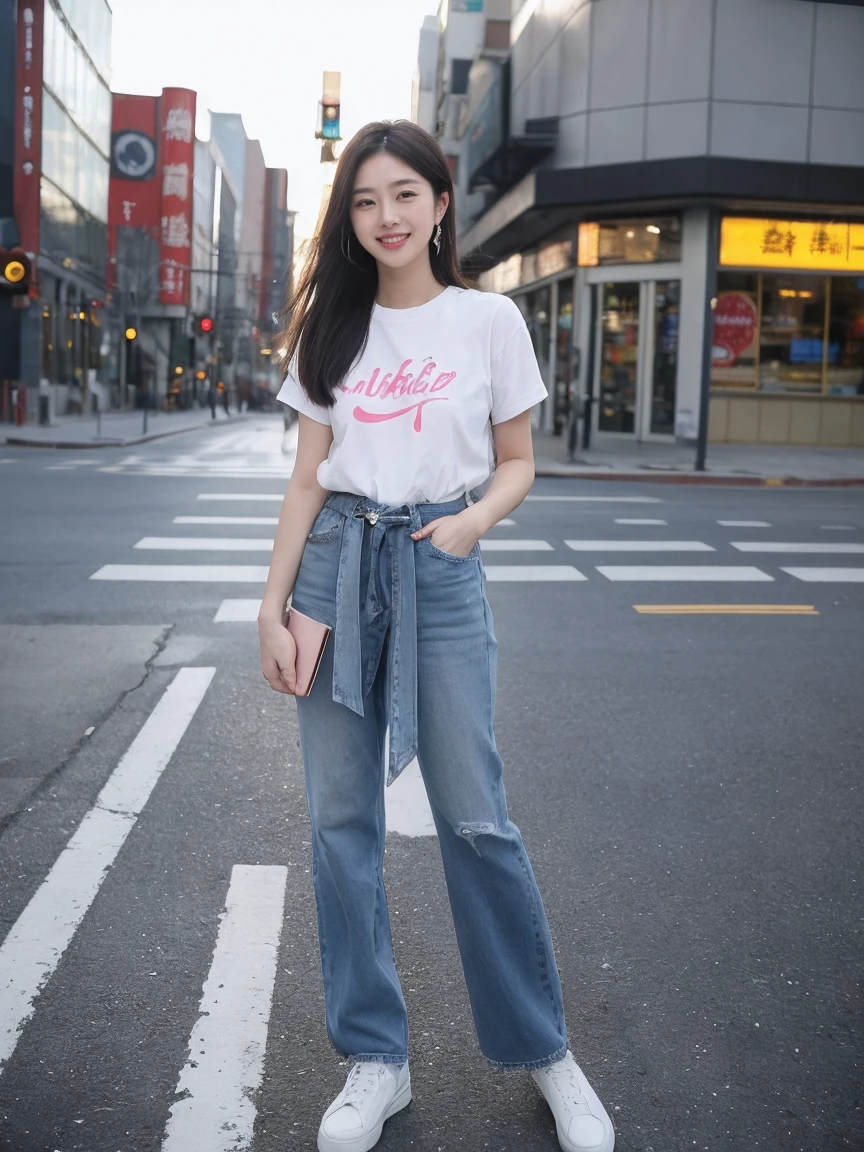 Realistic,score_9, score_8_Excellent, score_7_Excellent, break, 1人of女性（40s:1.2）,alone,Tie long hair to the side,From before,Face Focus,(View your viewers:1.2),A kind smile（Laugh with your mouth closed:1.2）,Full body portrait(Medium:1.2),bright,Polaroid,(depth_of_Field:1.5),晴れof日,Outdoor,street,目of間of毛,Moody lighting,Lens flare,Available Light,Rim Light,Shining neon lights,Curvy,Standing posture(standing on street corner:1.5),無地ofＴshirt(色Heather Mauve:1.2),Do not tuck into waist,Blue Jeans,日本of女性