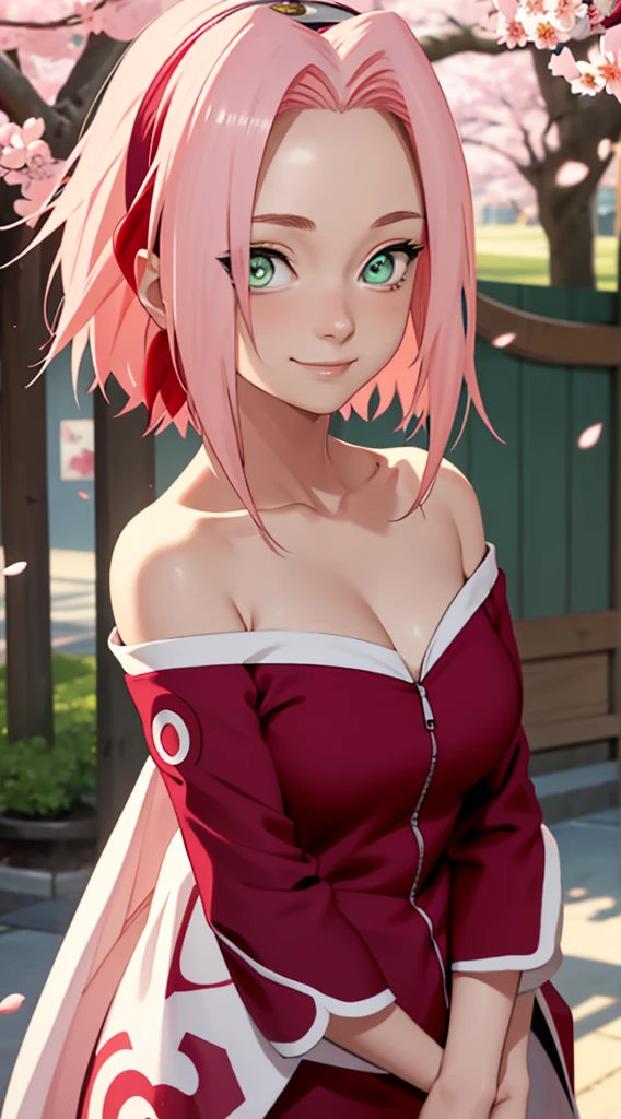 masterpiece， Best quality， 1 Girl， Sakura Haruno， Large Breasts，Off-shoulder dress，（cleveage)，（Upper body close-up)，Sexy highlighted，Very shy，Smile，Pink Hair， White hair， （Green Eyeball:1.4)， Forehead protection， Cherry tree，Cherry Blossoms Flying，Red clothes，Zipper half