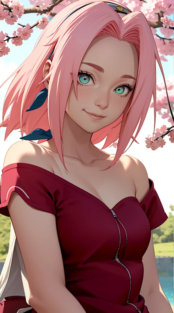 masterpiece, Best quality, 1 Girl, Sakura Haruno, Large Breasts,Off-shoulder dress,(cleveage),(Upper body close-up),Sexy highlighted,Very shy,Smile,Pink Hair, White hair, (Green Eyeball:1.4), Forehead protection, Cherry tree,Cherry Blossoms Flying,Red clothes,Zipper half