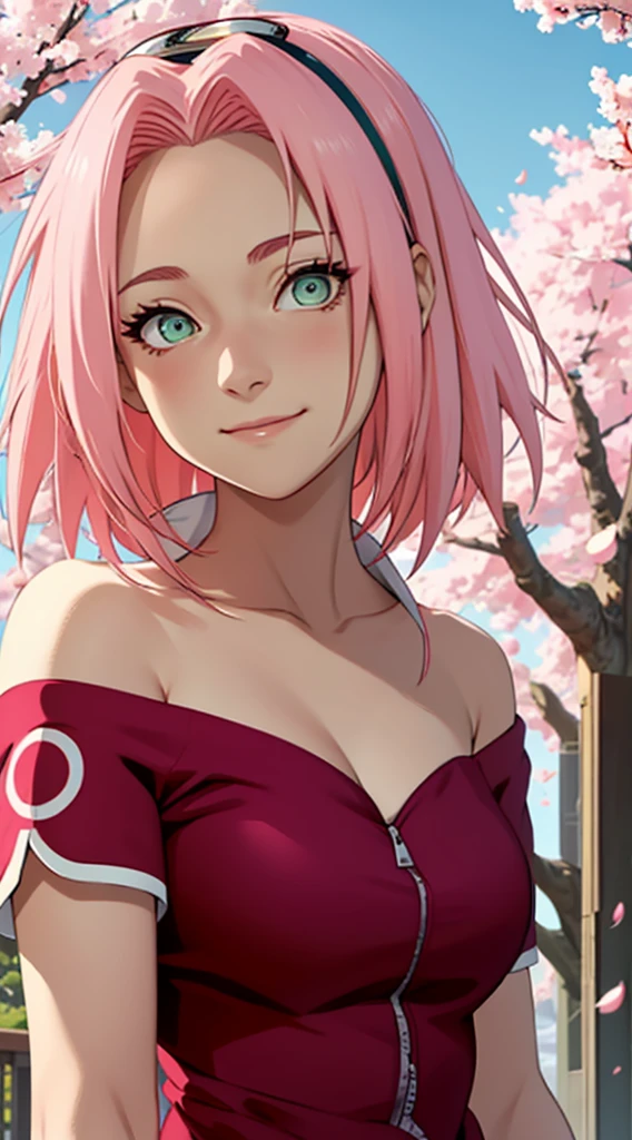 masterpiece, Best quality, 1 Girl, Sakura Haruno, Large Breasts,Off-shoulder dress,(cleveage),(Upper body close-up),Sexy highlighted,Very shy,Smile,Pink Hair, White hair, (Green Eyeball:1.4), Forehead protection, Cherry tree,Cherry Blossoms Flying,Red clothes,Zipper half